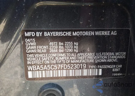 2015 BMW 528I из США, поврежденный, VIN WBA5A5C57FD523019